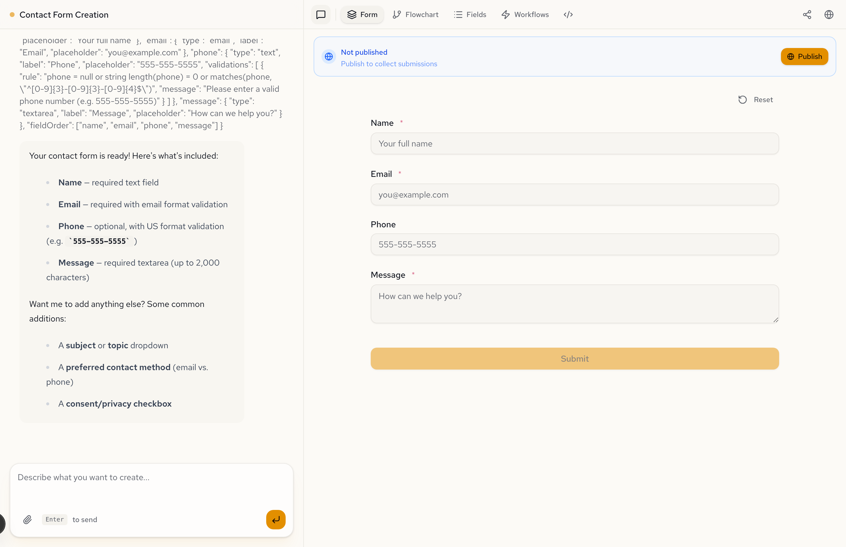Chat showing a prompt describing a contact form, with the generated form visible in the preview panel
