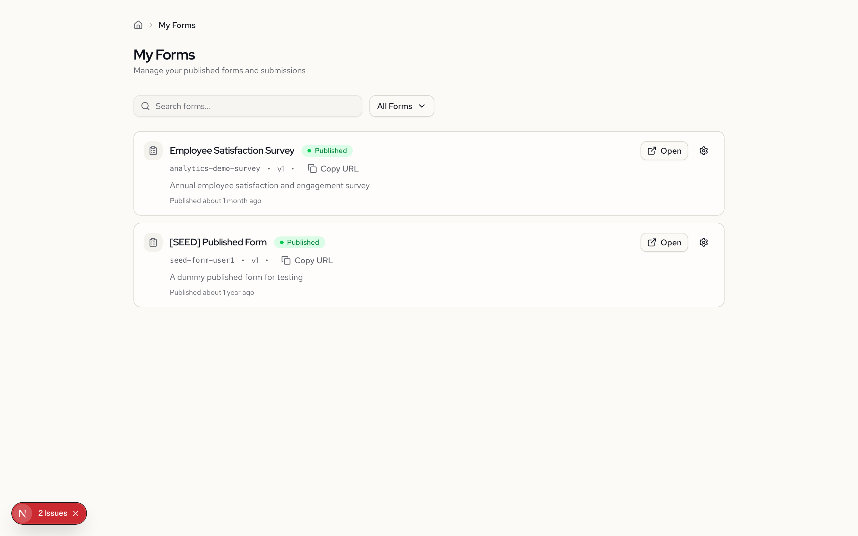 Forms list showing published forms with submission counts