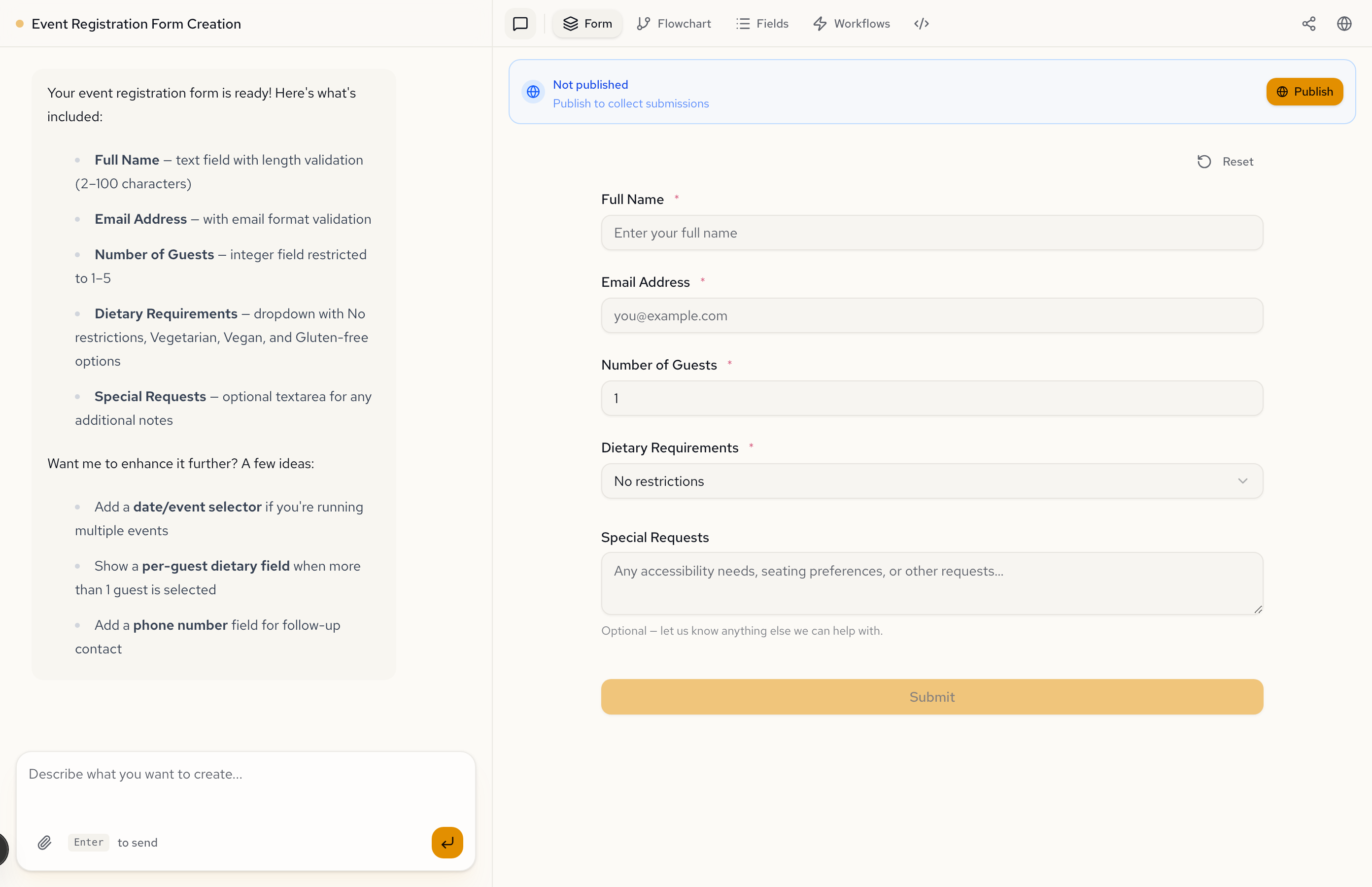 Chat showing a one-sentence prompt describing an event registration form