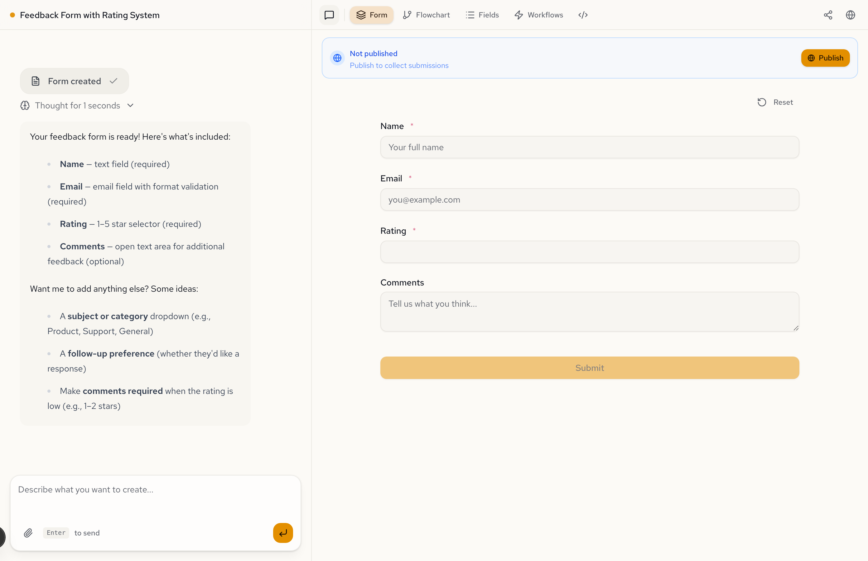 Form preview with the Publish button visible in the top bar