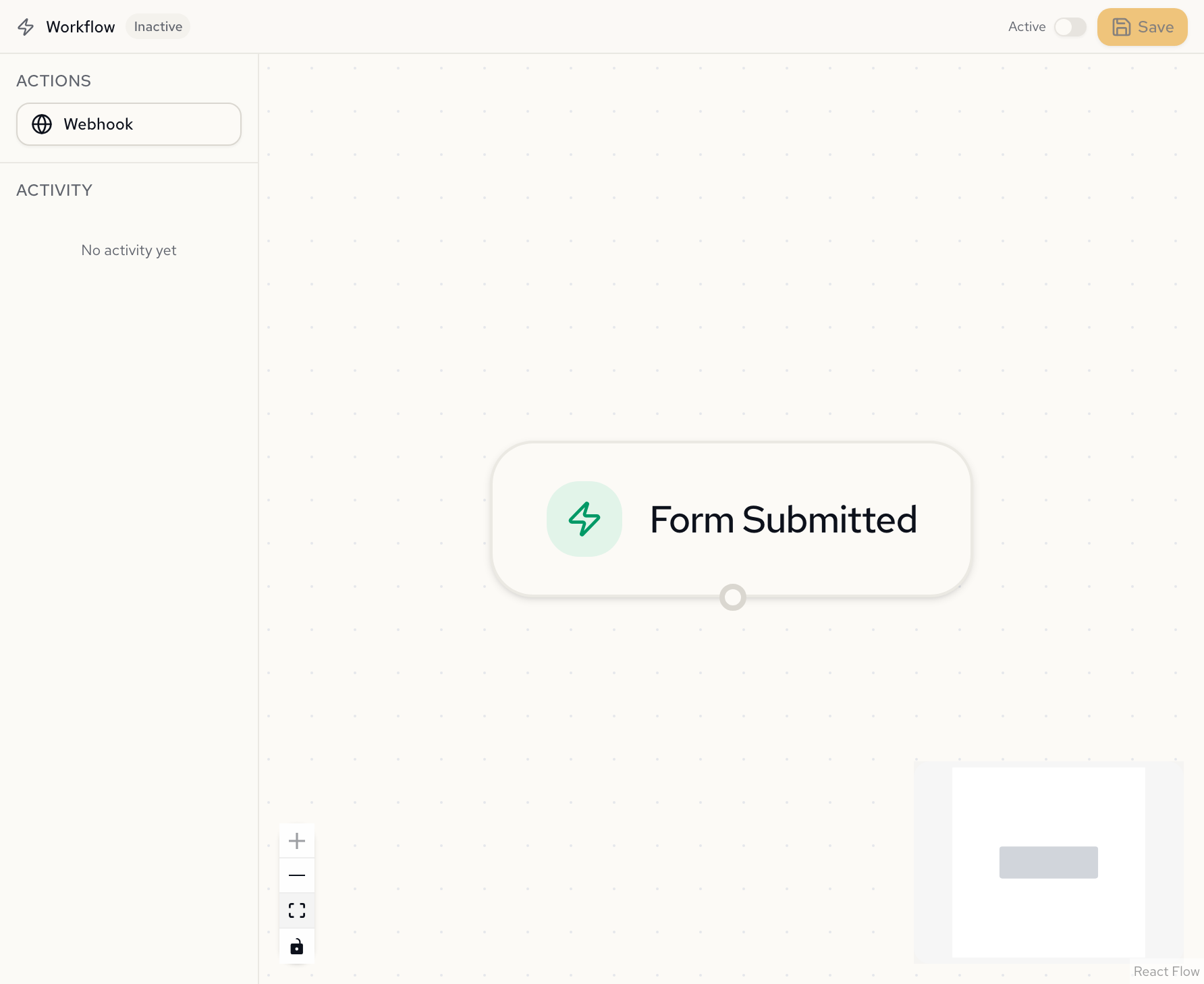 Workflow editor with the Form Submitted trigger node and no actions
