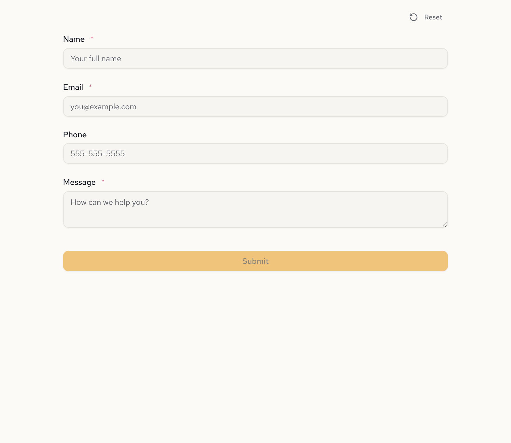 Generated contact form with name, email, phone, and message fields
