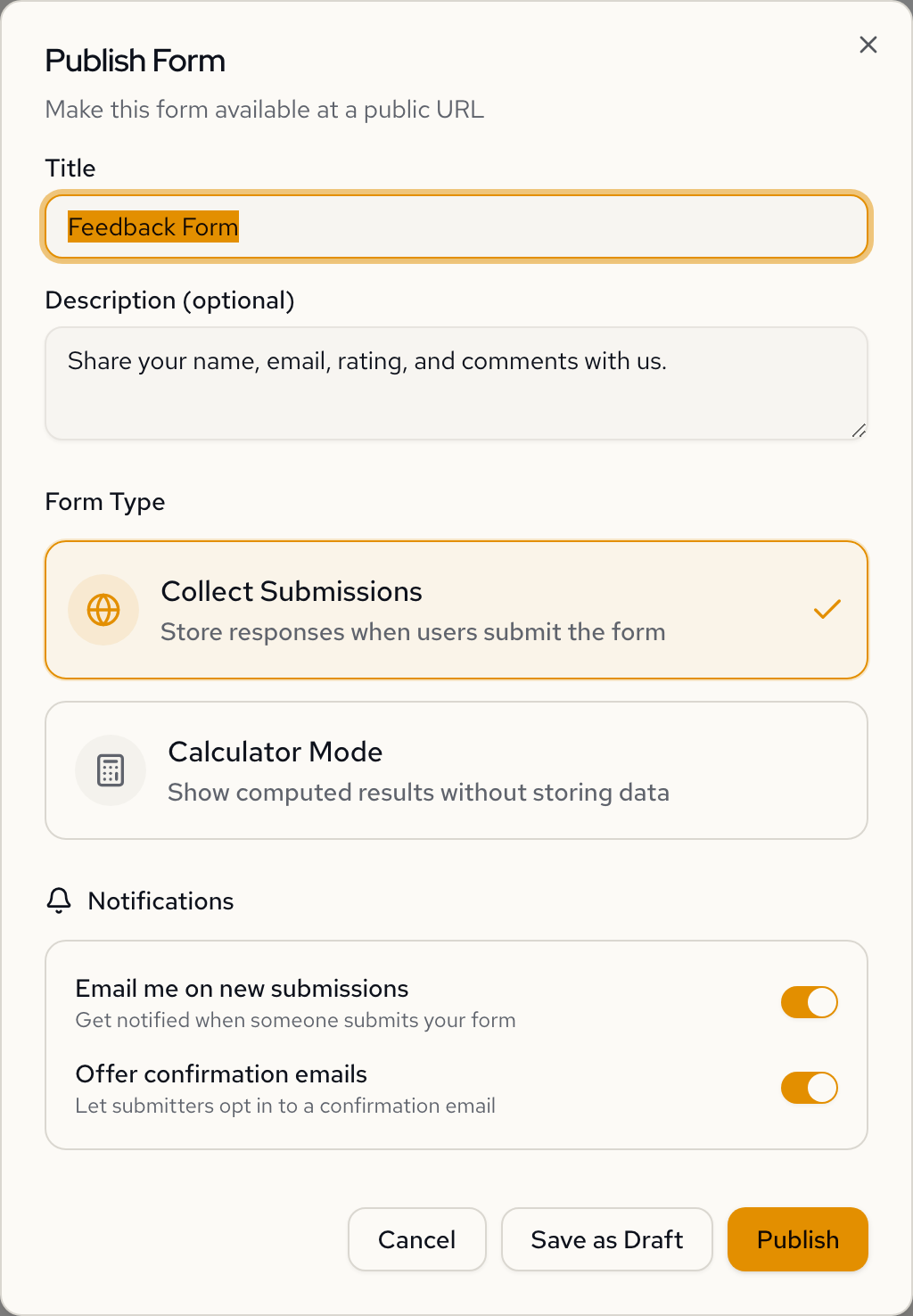Publish dialog with title, description, form type, and notification settings