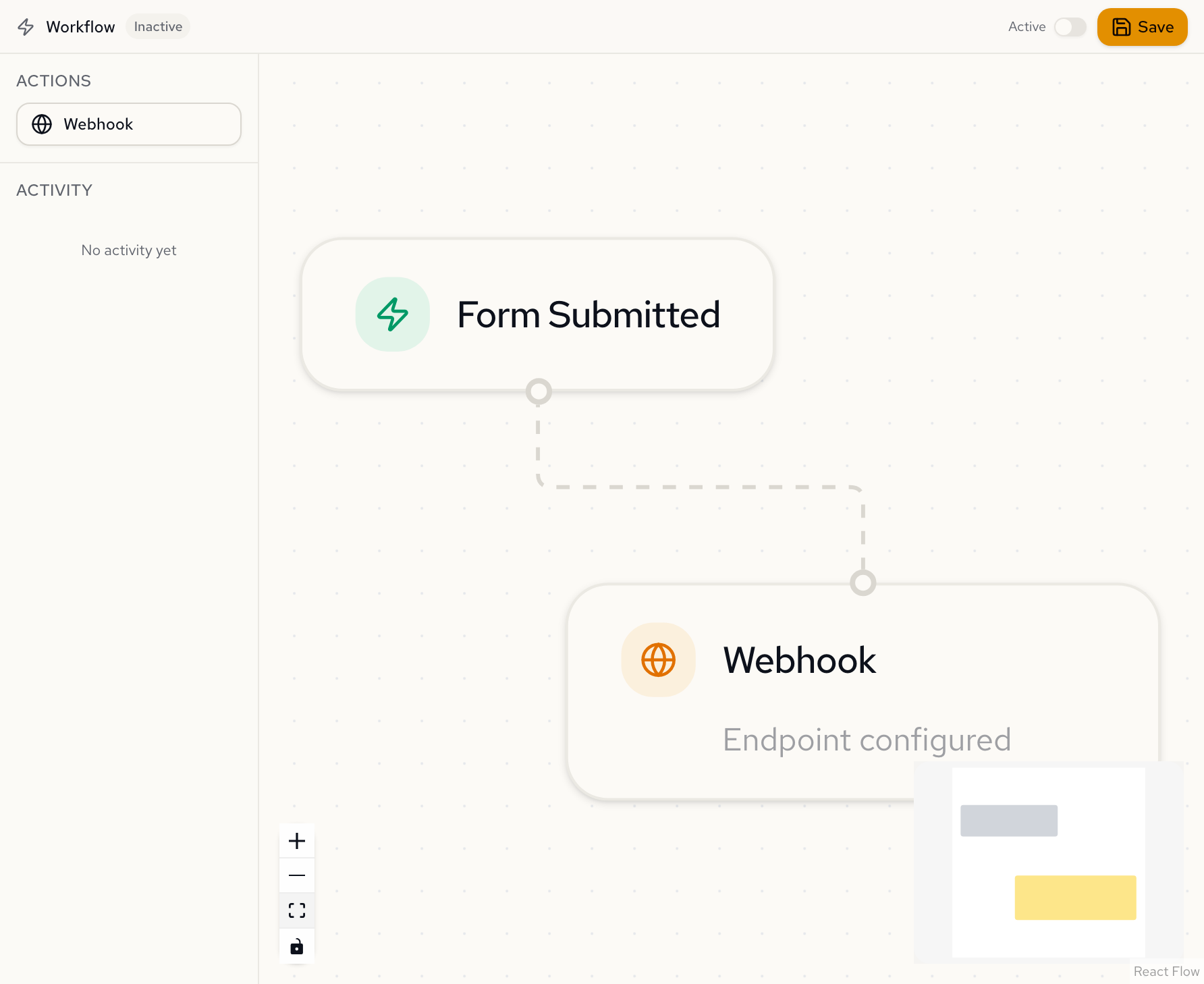 Workflow canvas with trigger node connected to a new webhook node