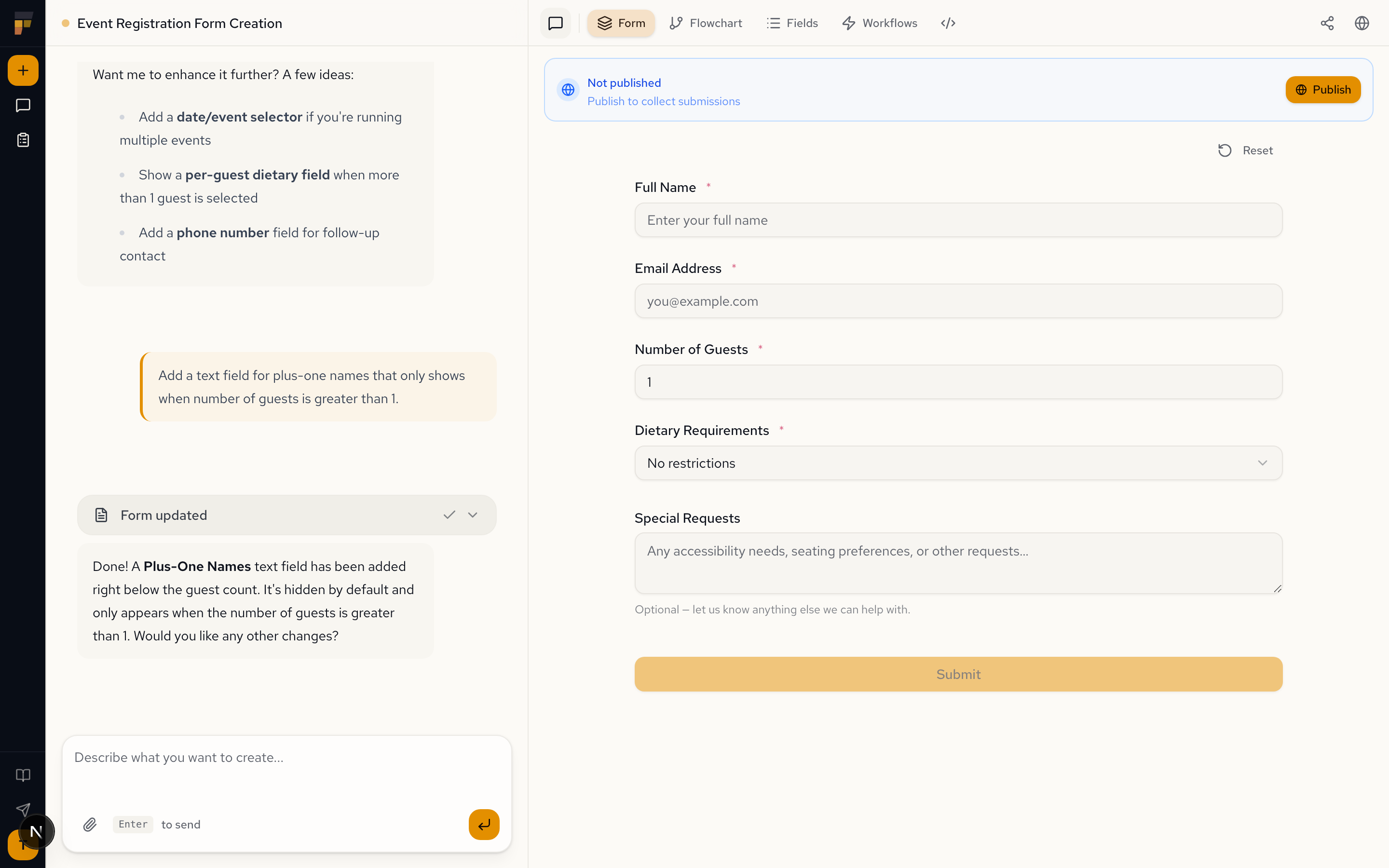 Chat showing the follow-up prompt and the updated form with conditional plus-one field
