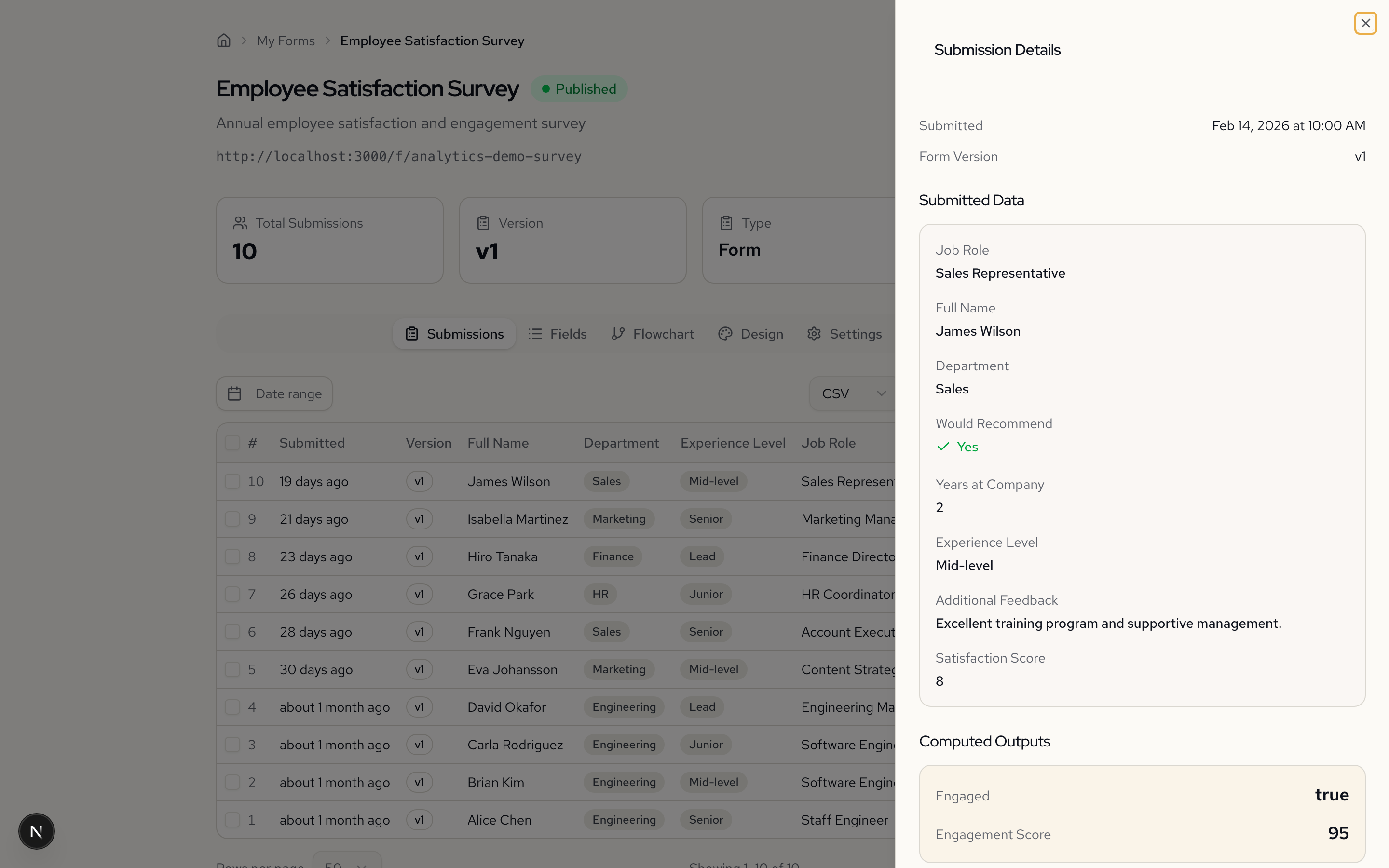 Submission detail view showing all field values for a single response