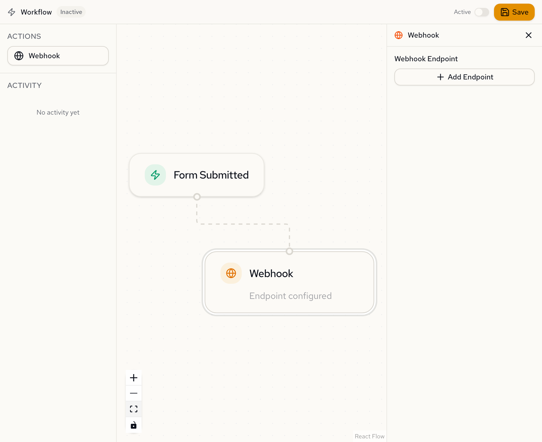 Webhook configuration panel showing endpoint selection and Add Endpoint button