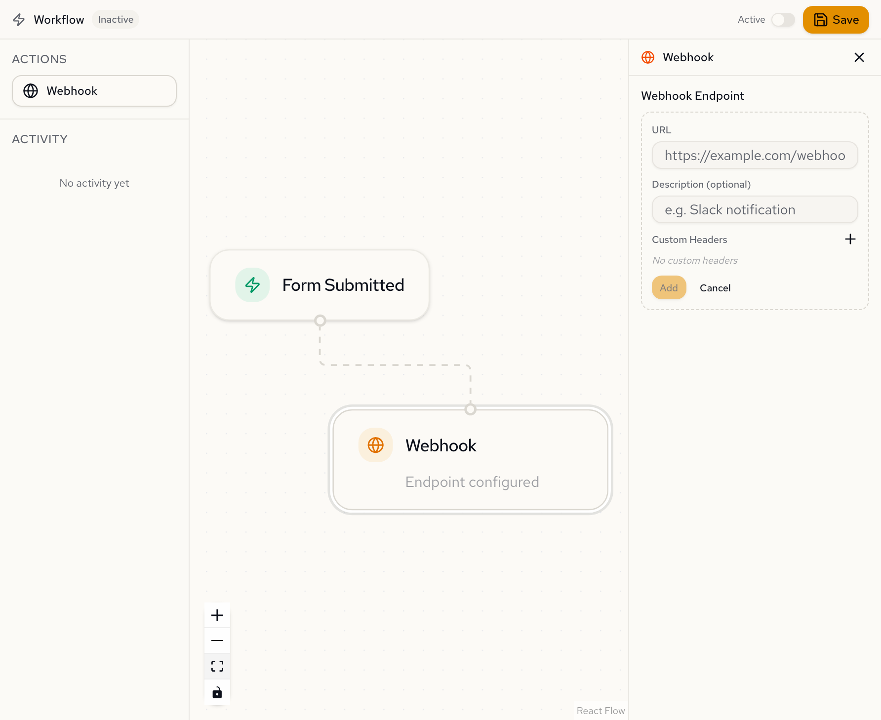 Endpoint creation form with URL, description, and custom headers fields