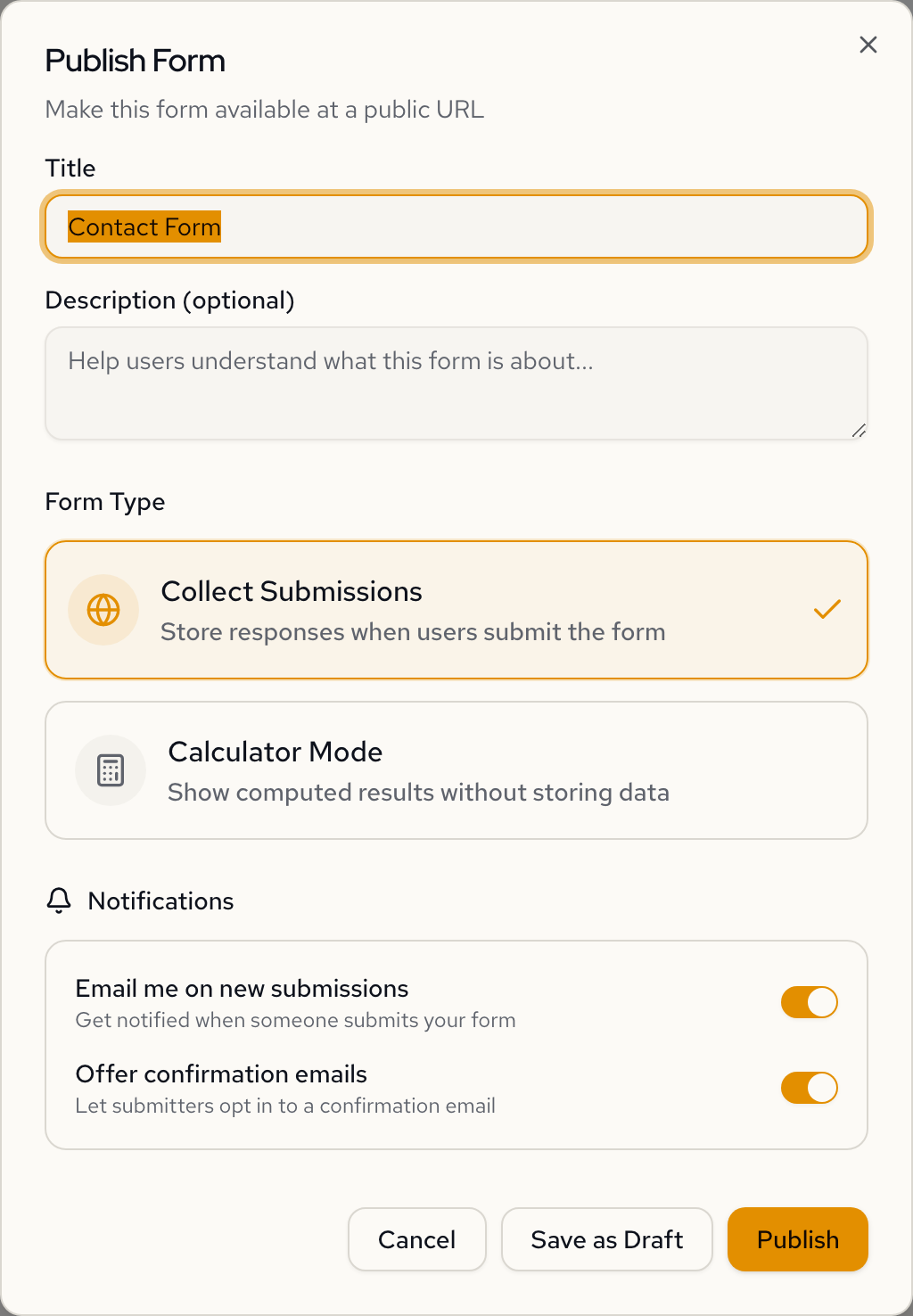 Publish dialog with title, form type options, and notification settings