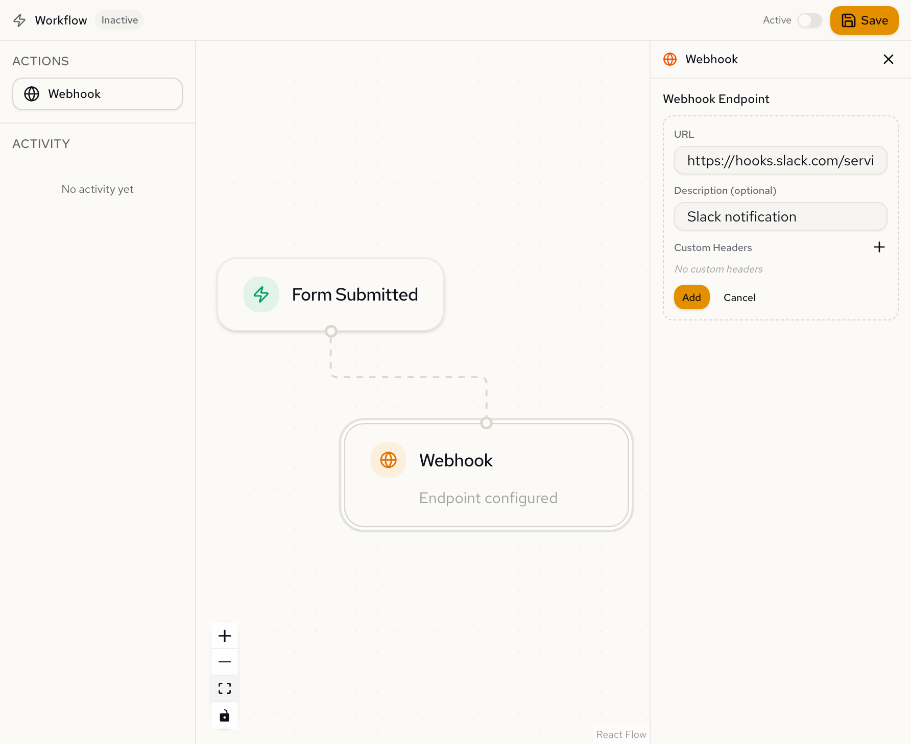 Endpoint form filled with a Slack webhook URL and description