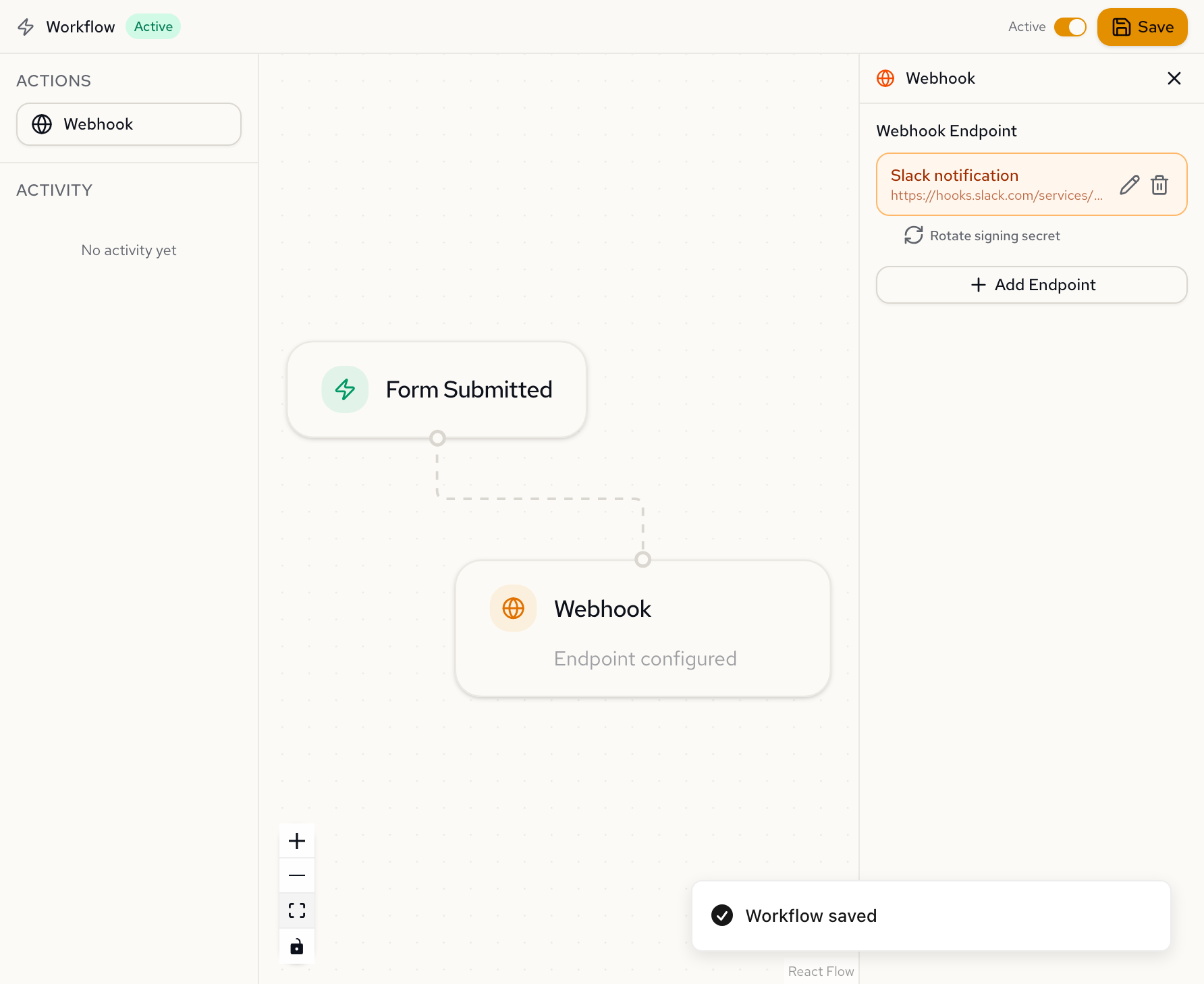 Workflow saved with trigger connected to the Slack notification webhook